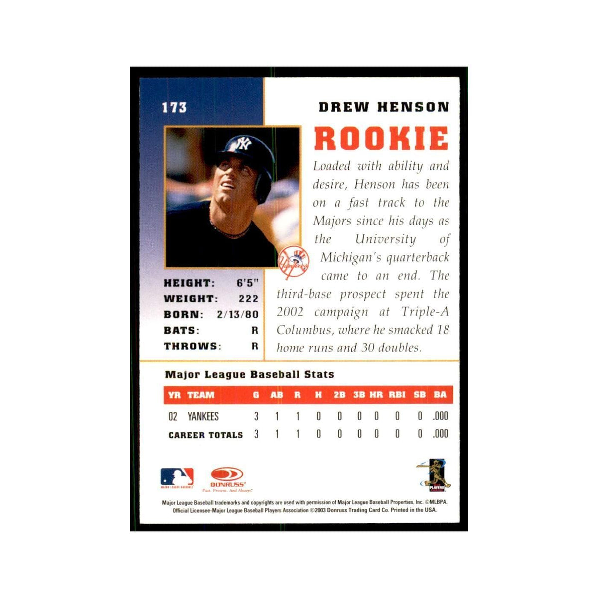 2003 Donruss Champions Drew Henson Baseball Cards #173