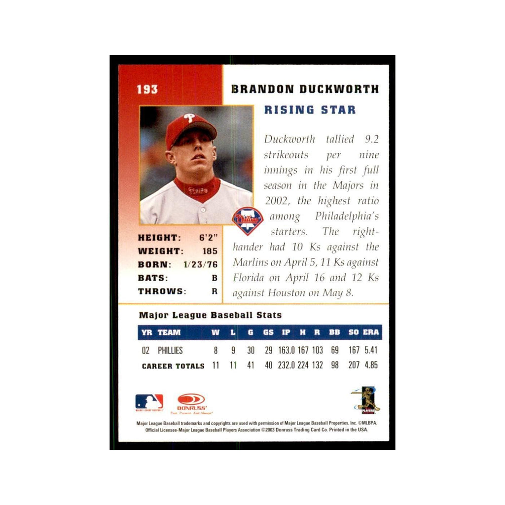 2003 Donruss Champions Brandon Duckworth Baseball Cards #193