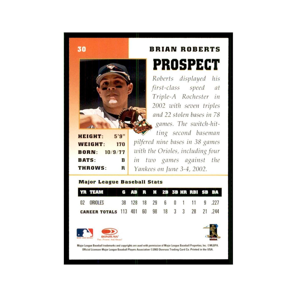 2003 Donruss Champions Brian Roberts Baseball Cards #30