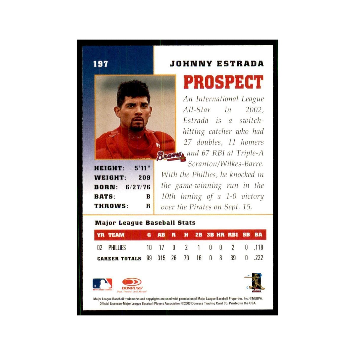 2003 Donruss Champions Johnny Estrada Baseball Cards #197