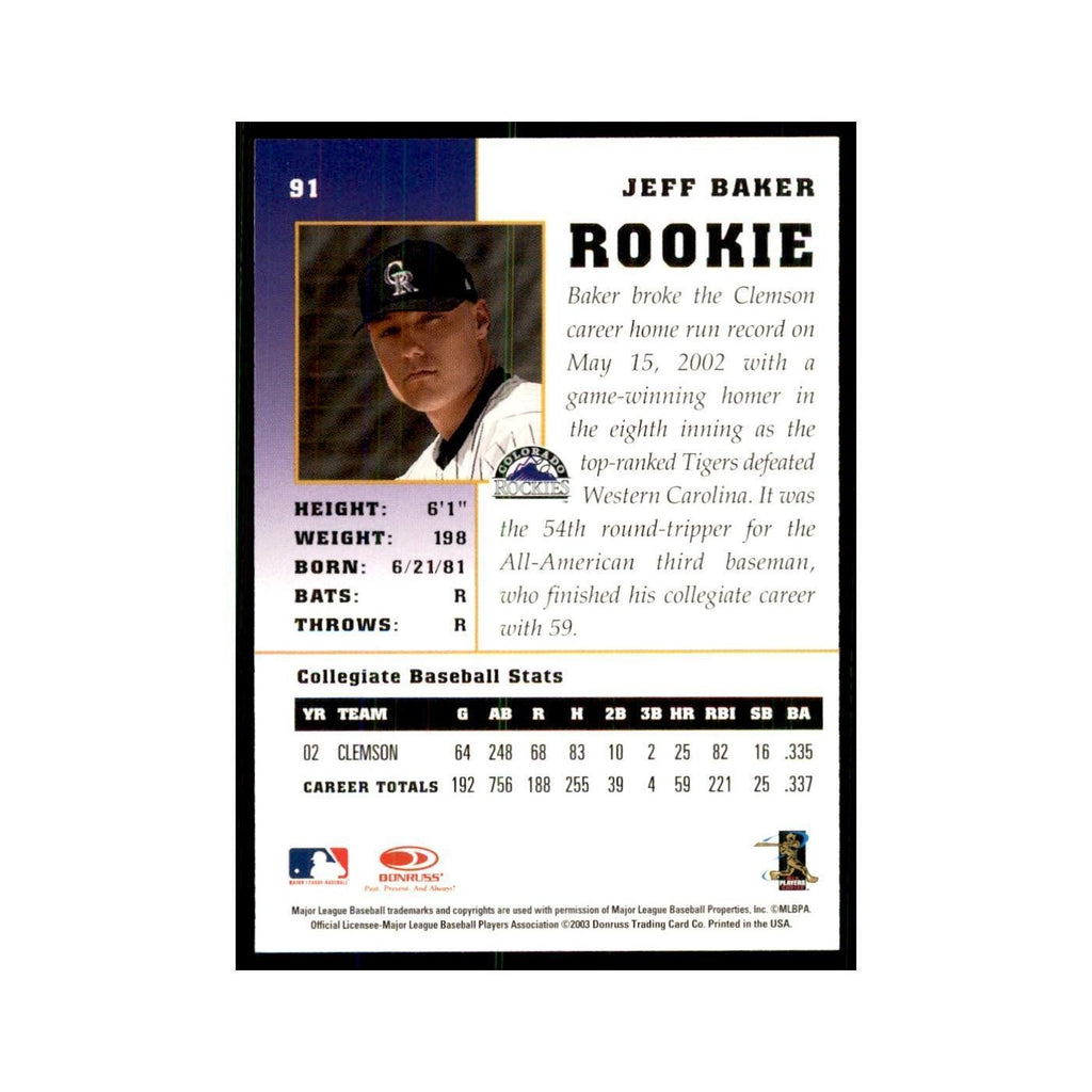 2003 Donruss Champions Jeff Baker Baseball Cards #91