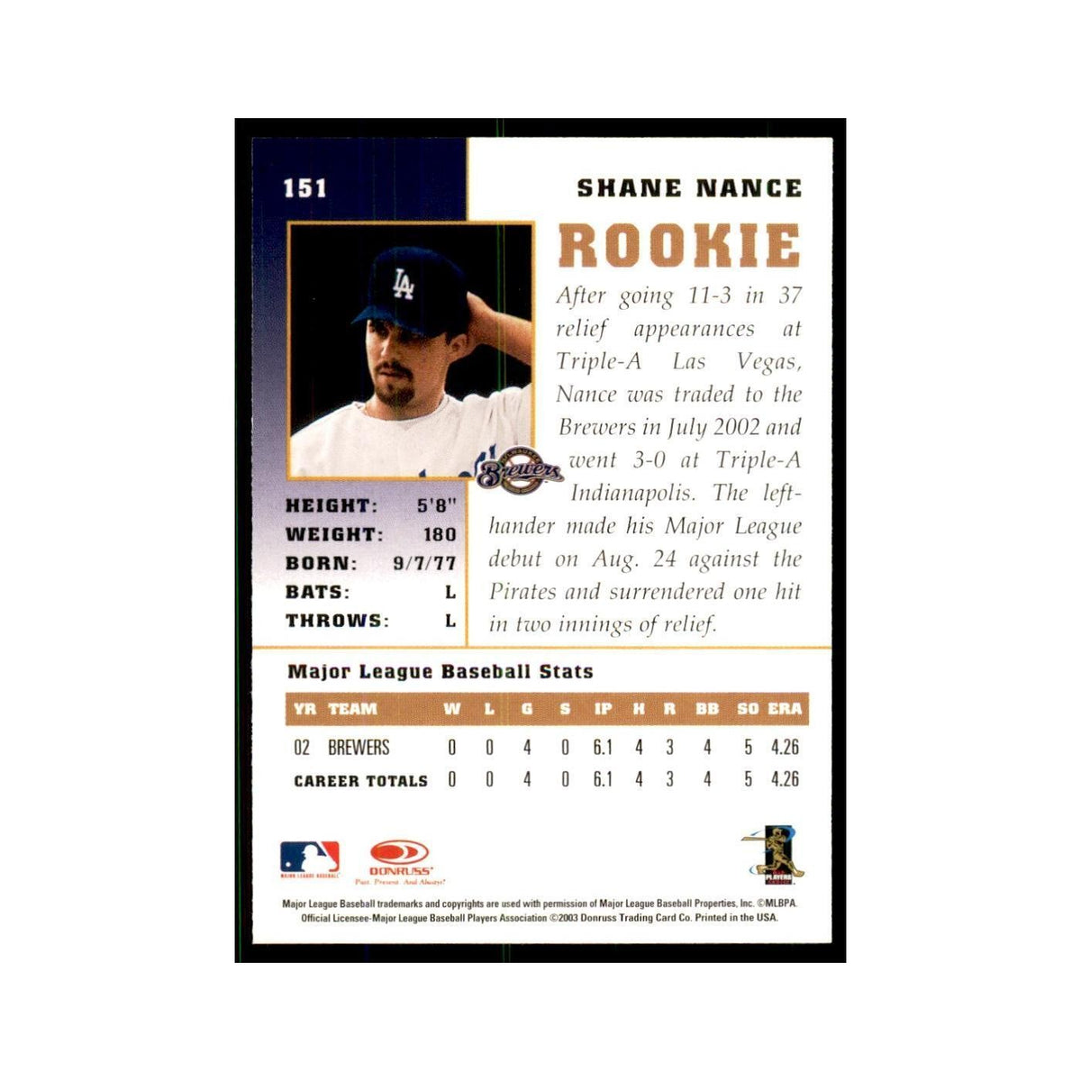 2003 Donruss Champions Shane Nance Baseball Cards #151