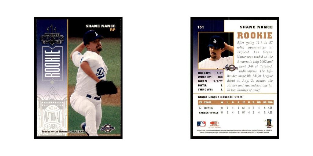 2003 Donruss Champions Shane Nance Baseball Cards #151