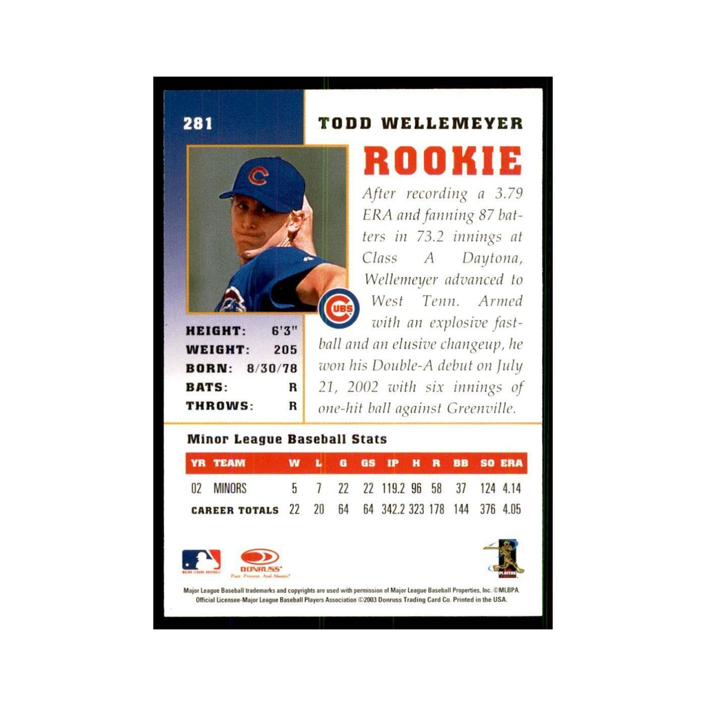 2003 Donruss Champions Todd Wellemeyer Baseball Cards #281