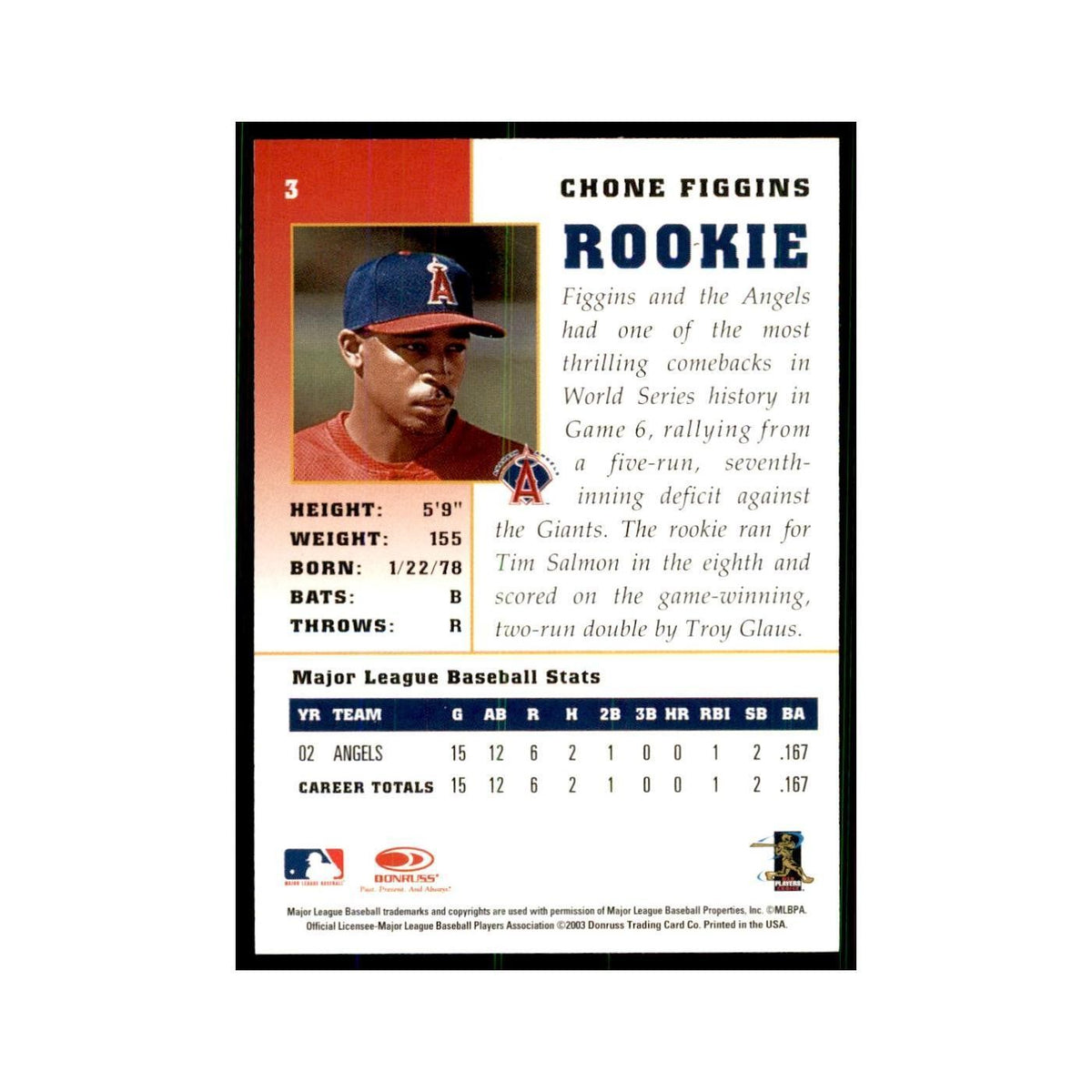 2003 Donruss Champions Chone Figgins Baseball Cards #3