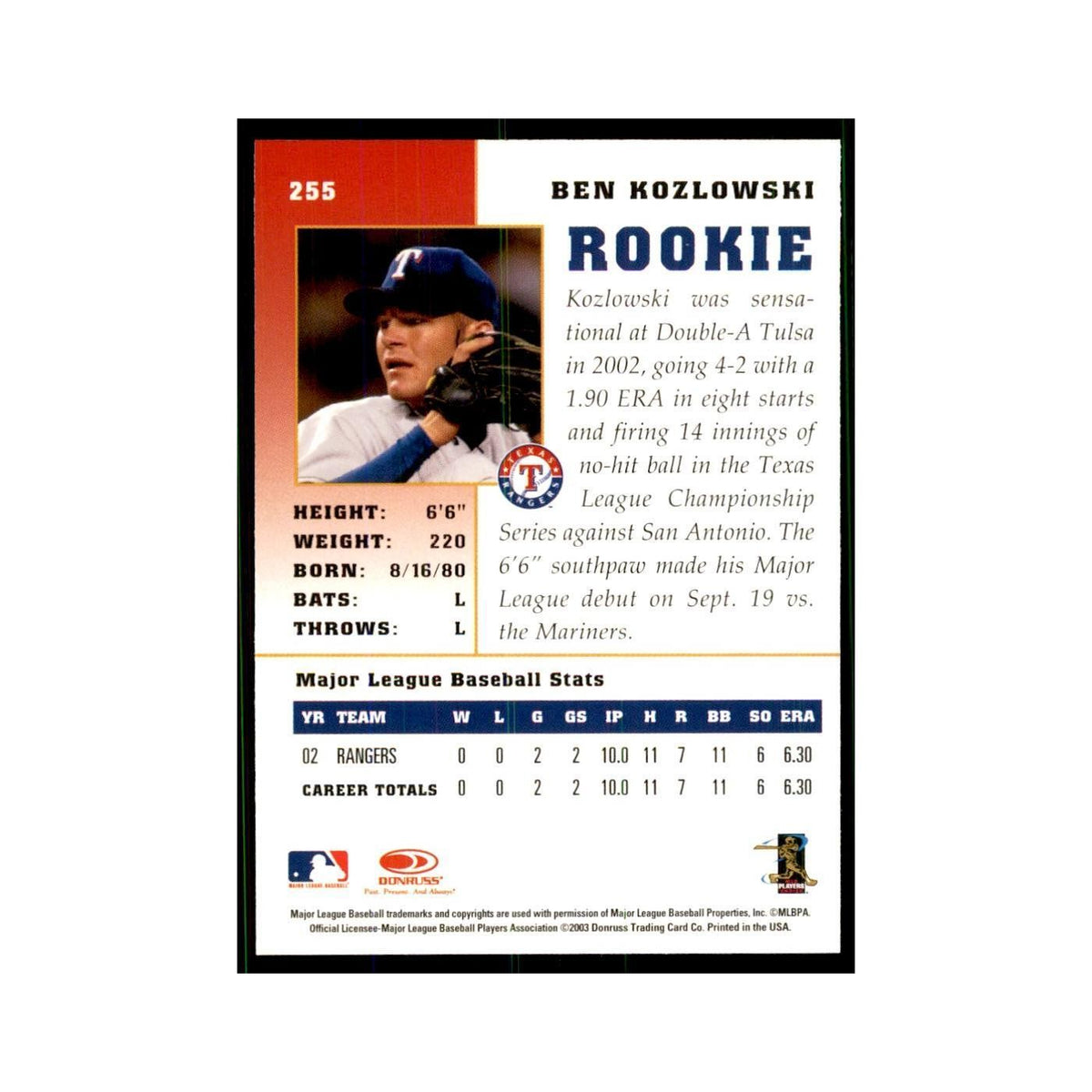2003 Donruss Champions Ben Kozlowski Baseball Cards #255