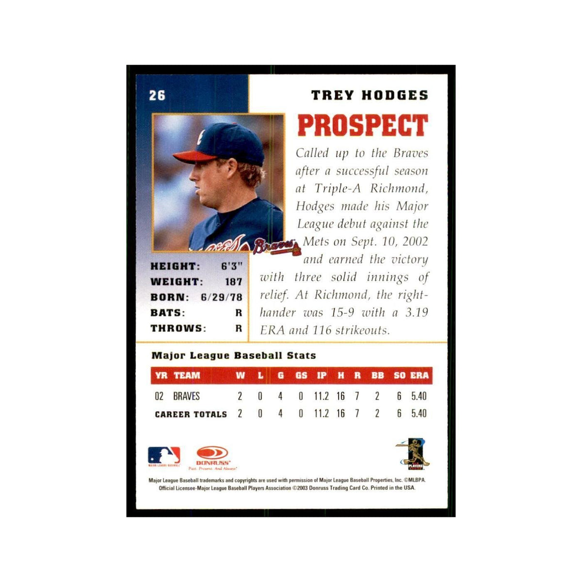 2003 Donruss Champions Trey Hodges Baseball Cards #26