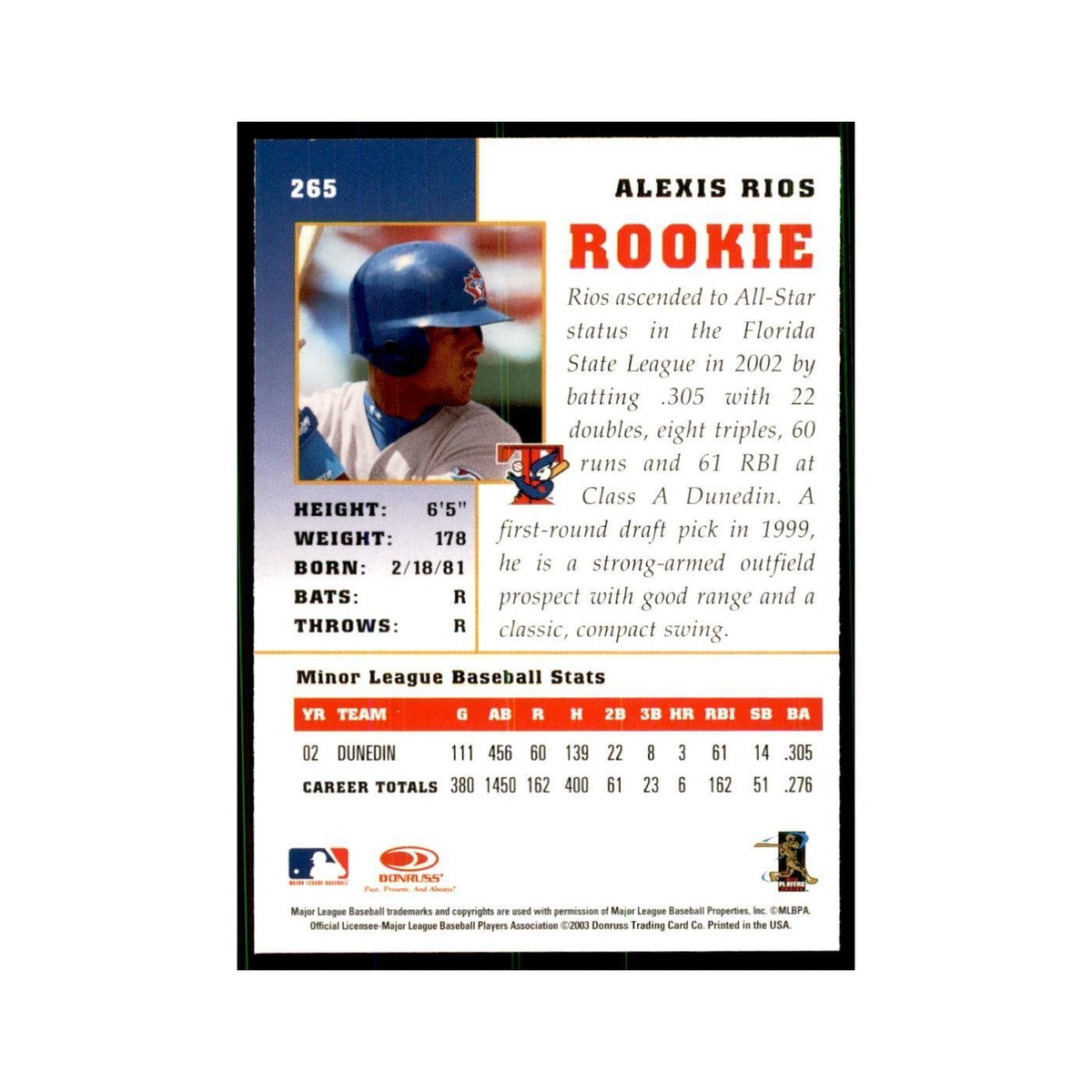 2003 Donruss Champions Alex Rios Baseball Cards #265