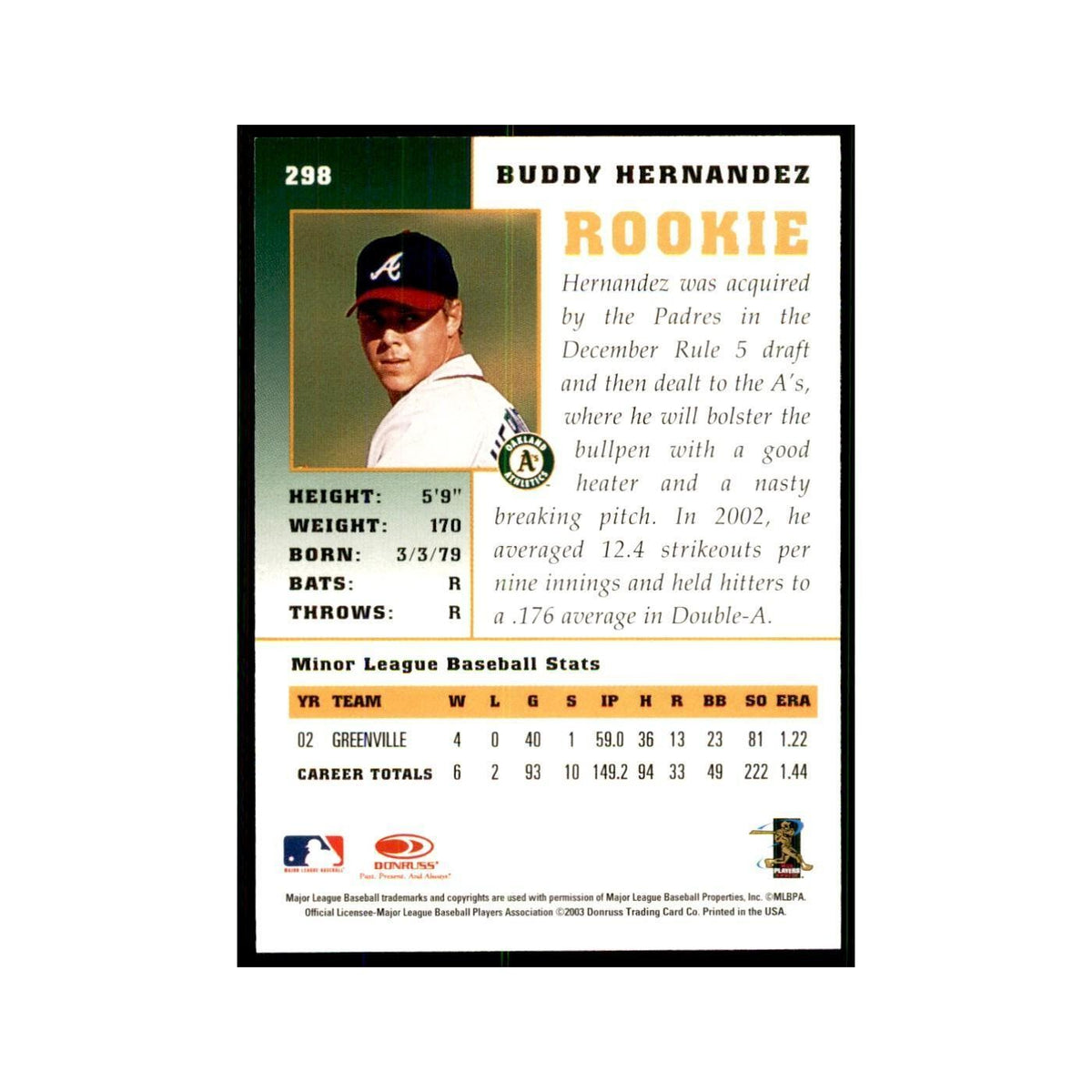 2003 Donruss Champions Buddy Hernandez Baseball Cards #298