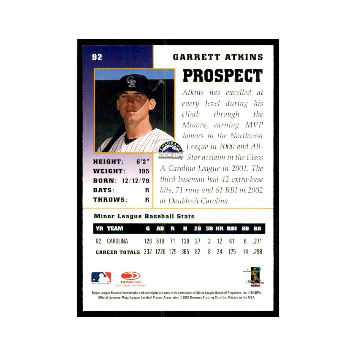 2003 Donruss Champions Garrett Atkins Baseball Cards #92