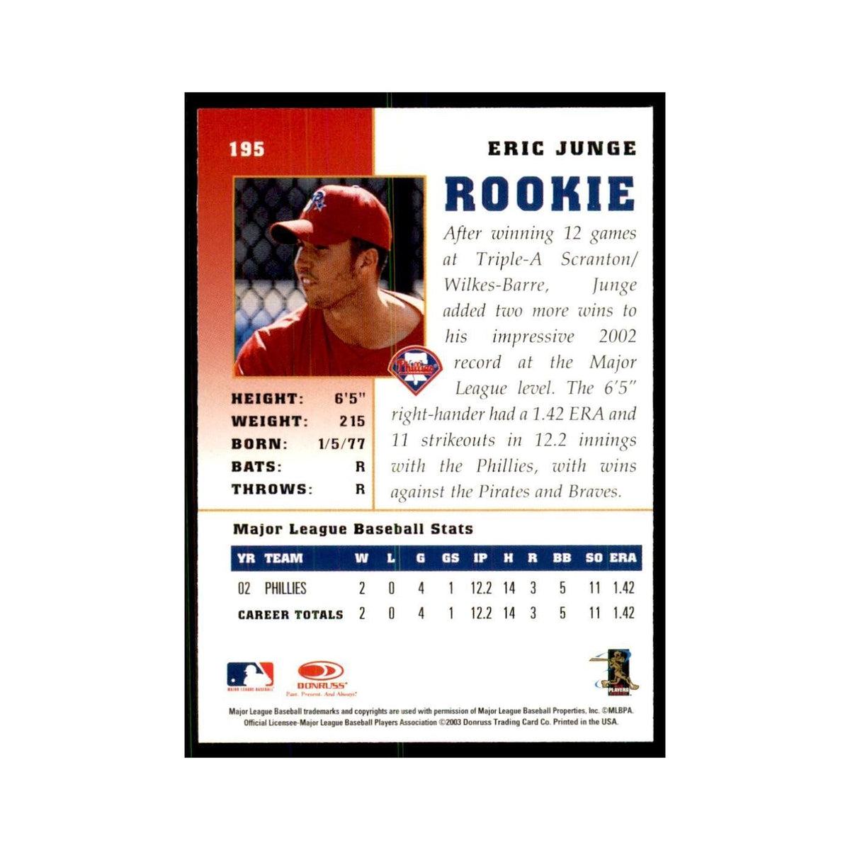 2003 Donruss Champions Eric Junge Baseball Cards #195