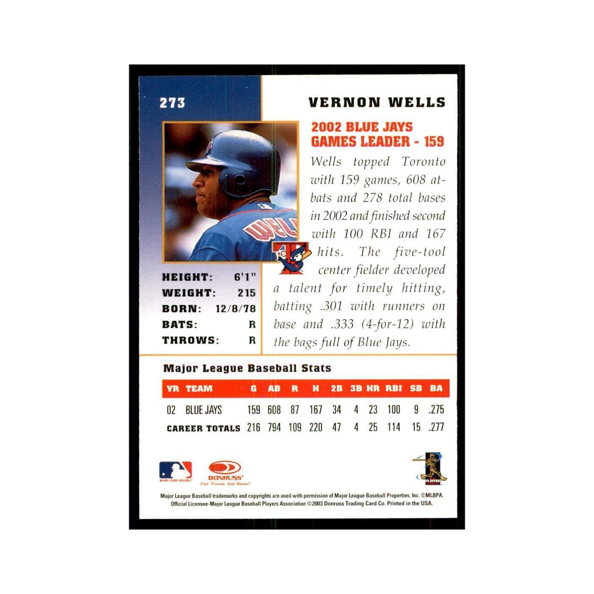 2003 Donruss Champions Vernon Wells Baseball Cards #273