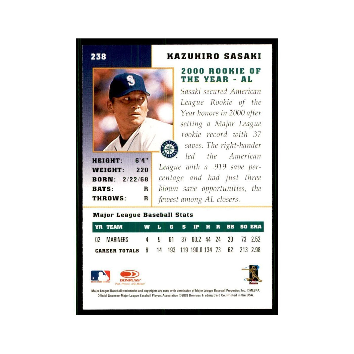 2003 Donruss Champions Kazuhiro Sasaki Baseball Cards #238