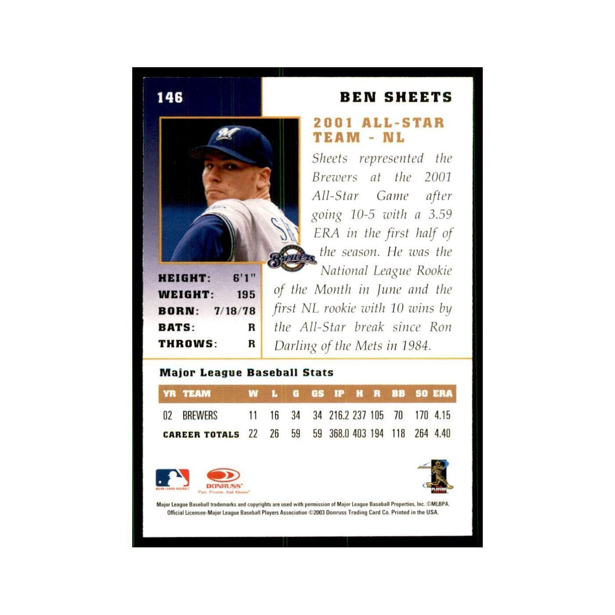 2003 Donruss Champions Ben Sheets Baseball Cards #146