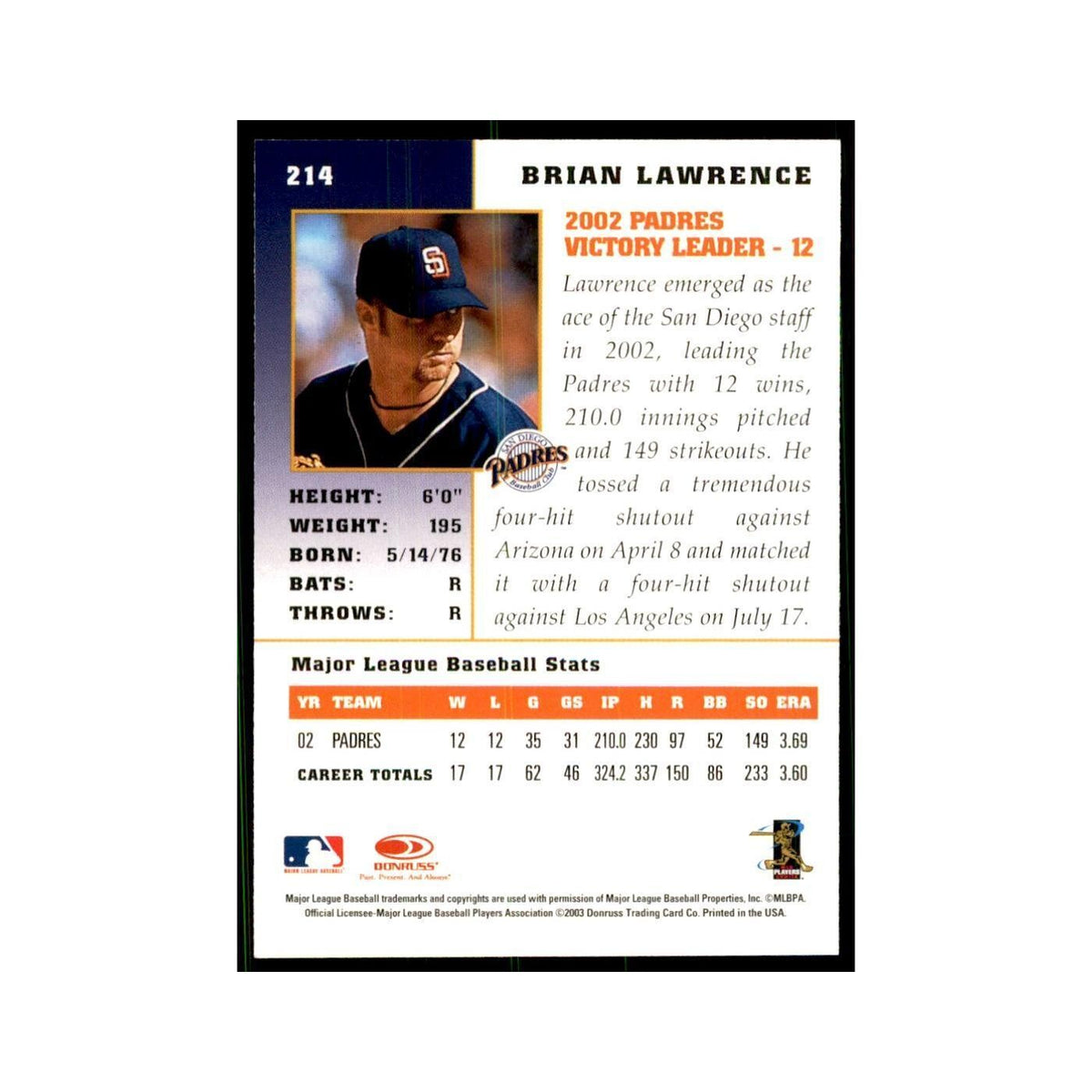 2003 Donruss Champions Brian Lawrence Baseball Cards #214