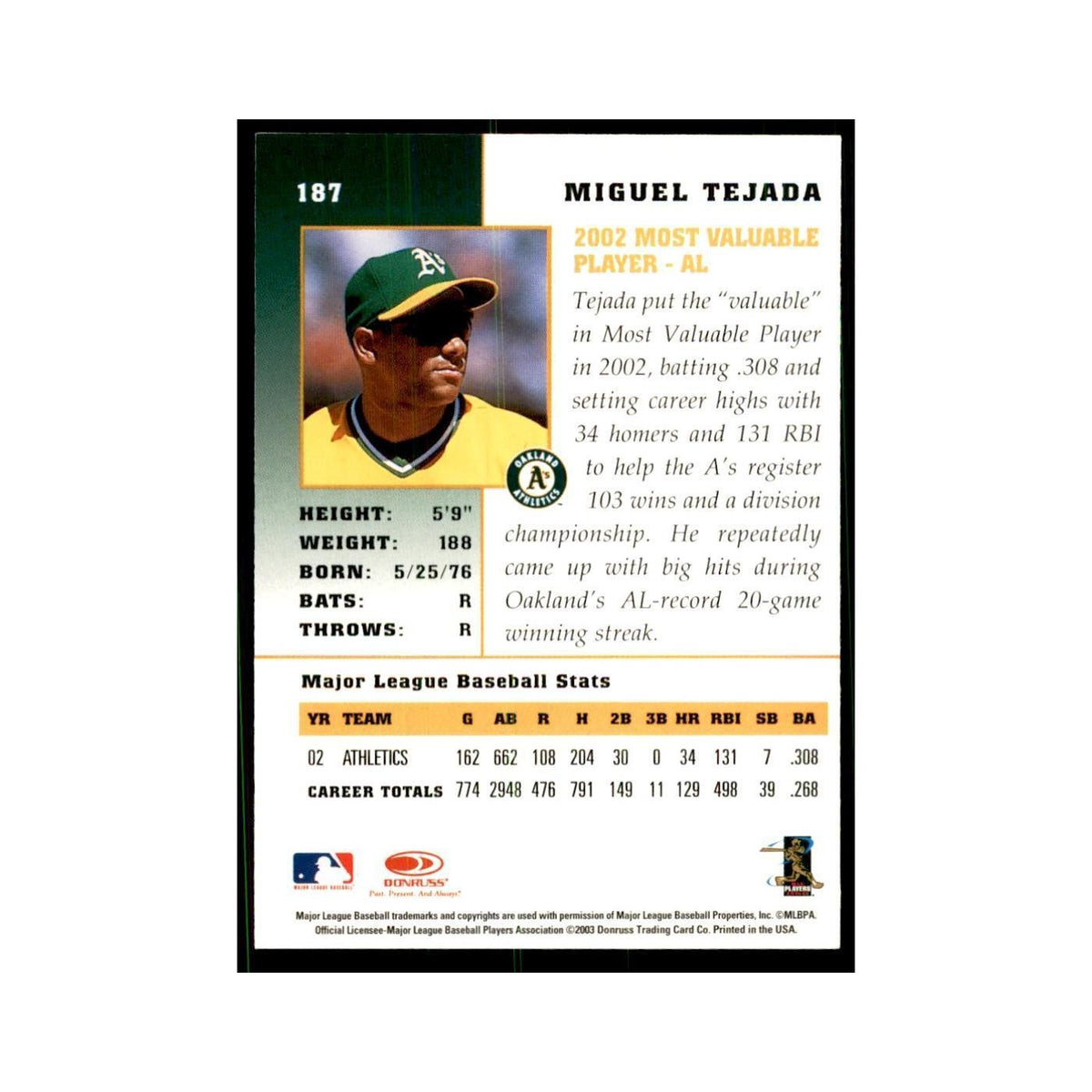 2003 Donruss Champions Miguel Tejada Baseball Cards #187