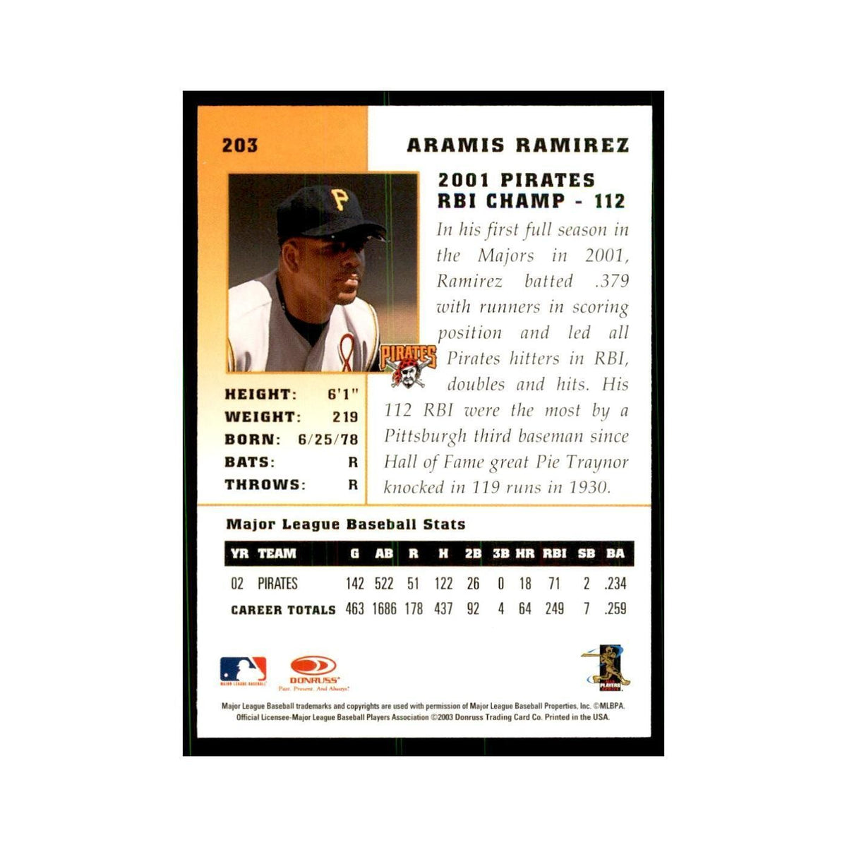 2003 Donruss Champions Aramis Ramirez Baseball Cards #203
