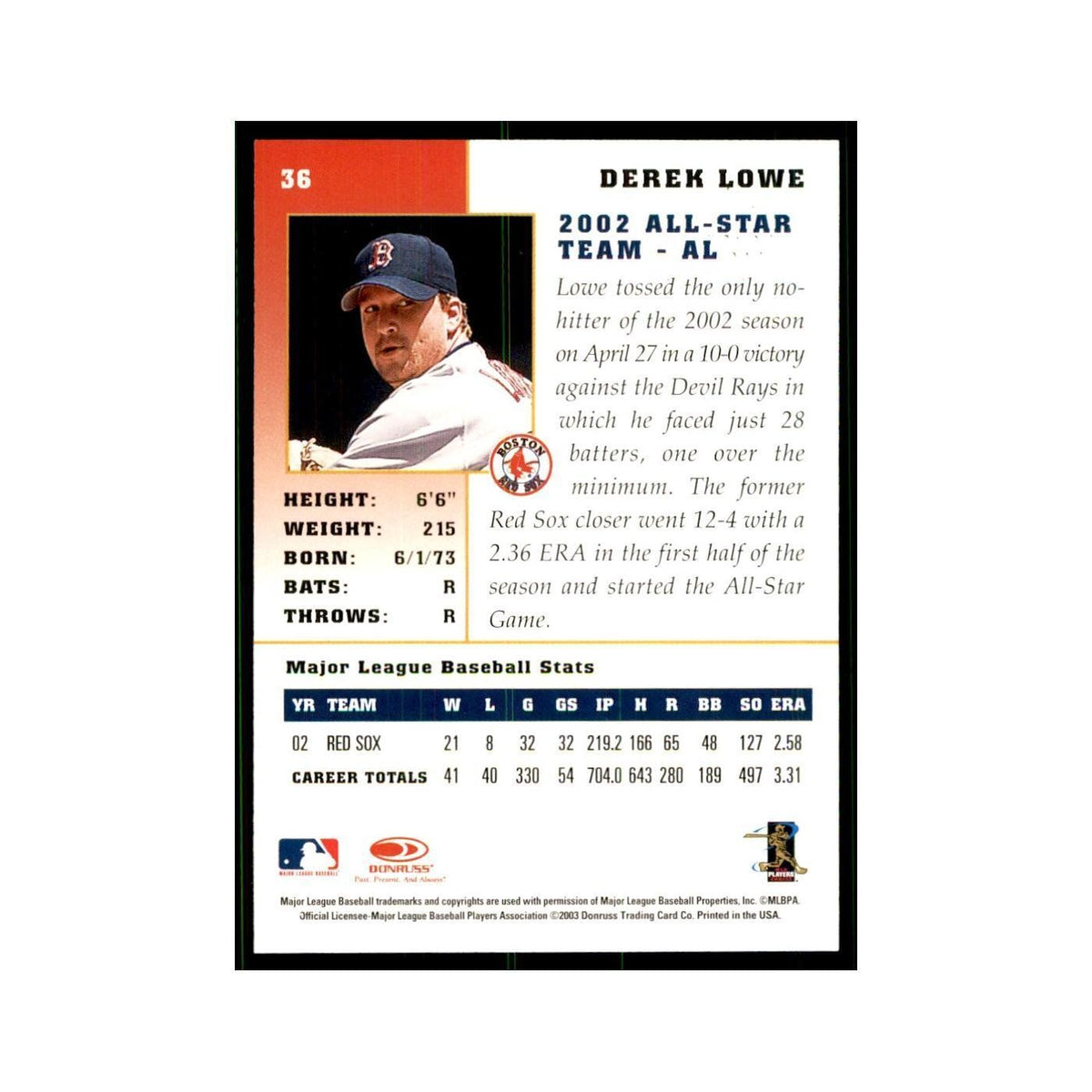 2003 Donruss Champions Derek Lowe Baseball Cards #36