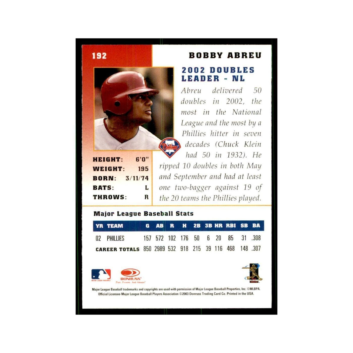 2003 Donruss Champions Bobby Abreu Baseball Cards #192