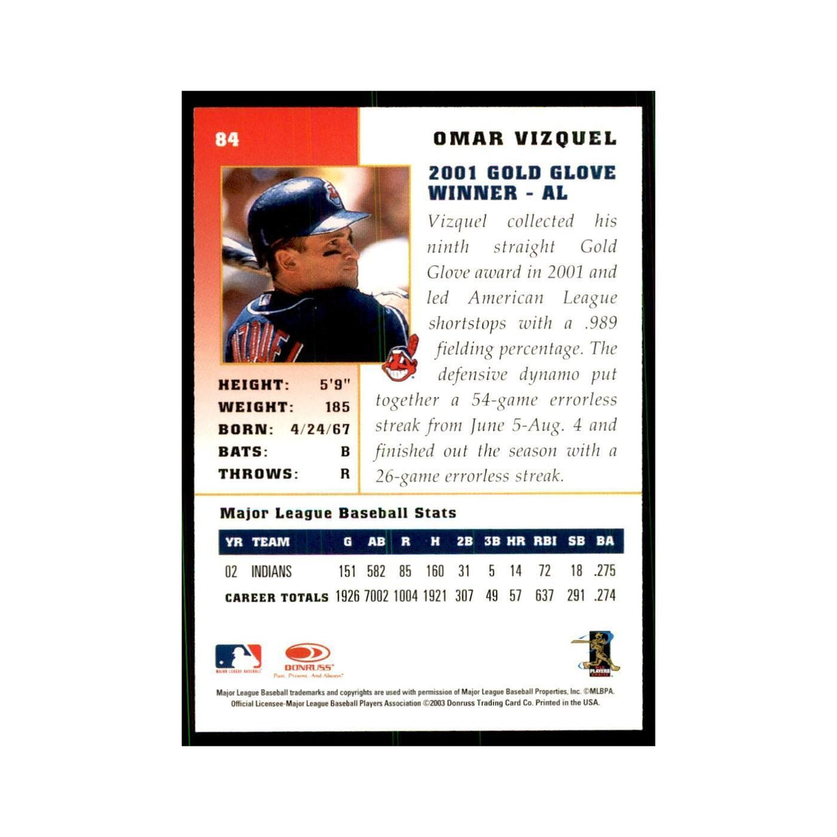 2003 Donruss Champions Omar Vizquel Baseball Cards #84