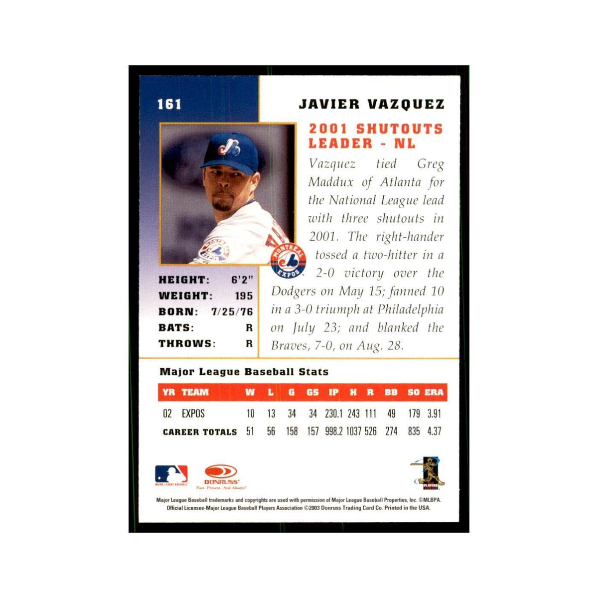 2003 Donruss Champions Javier Vazquez Baseball Cards #161