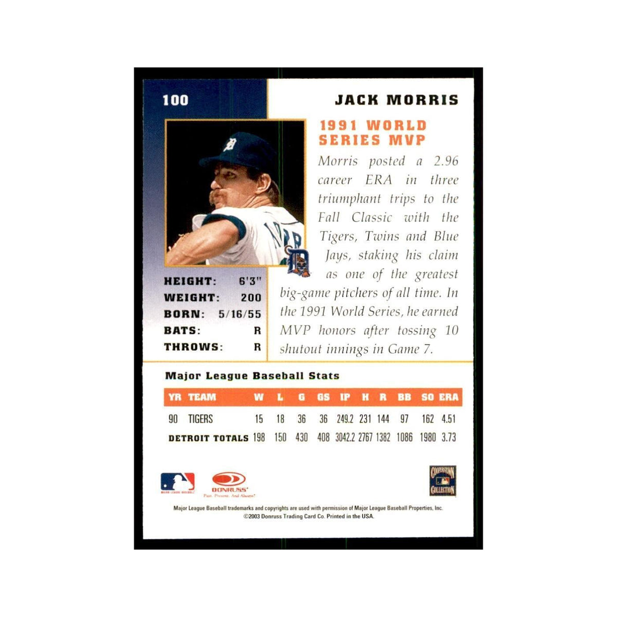 2003 Donruss Champions Jack Morris Baseball Cards #100