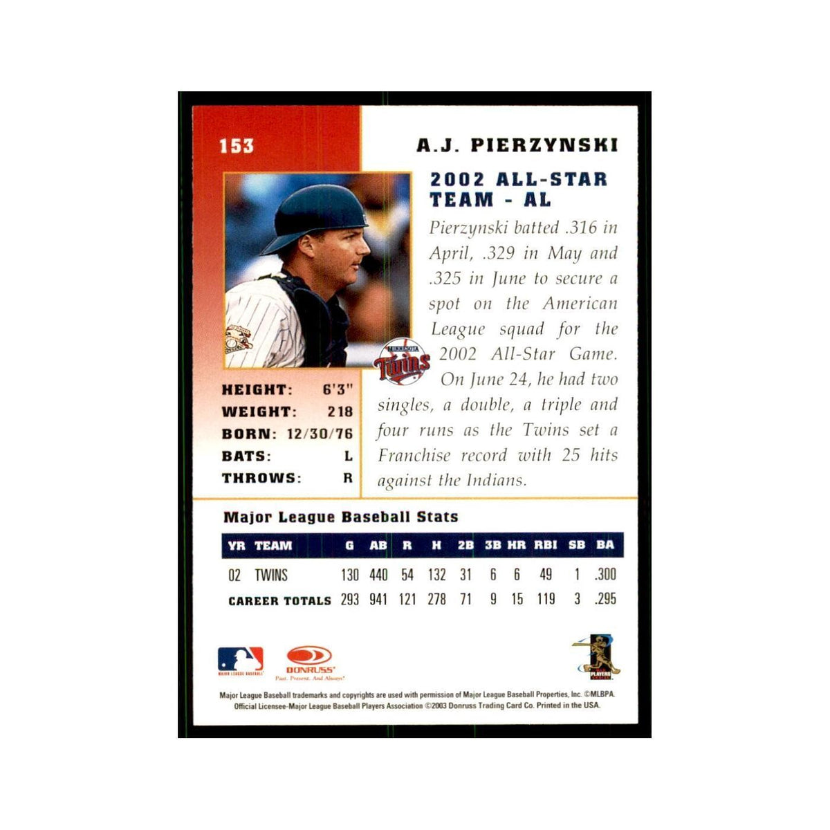 2003 Donruss Champions A.J. Pierzynski Baseball Cards #153