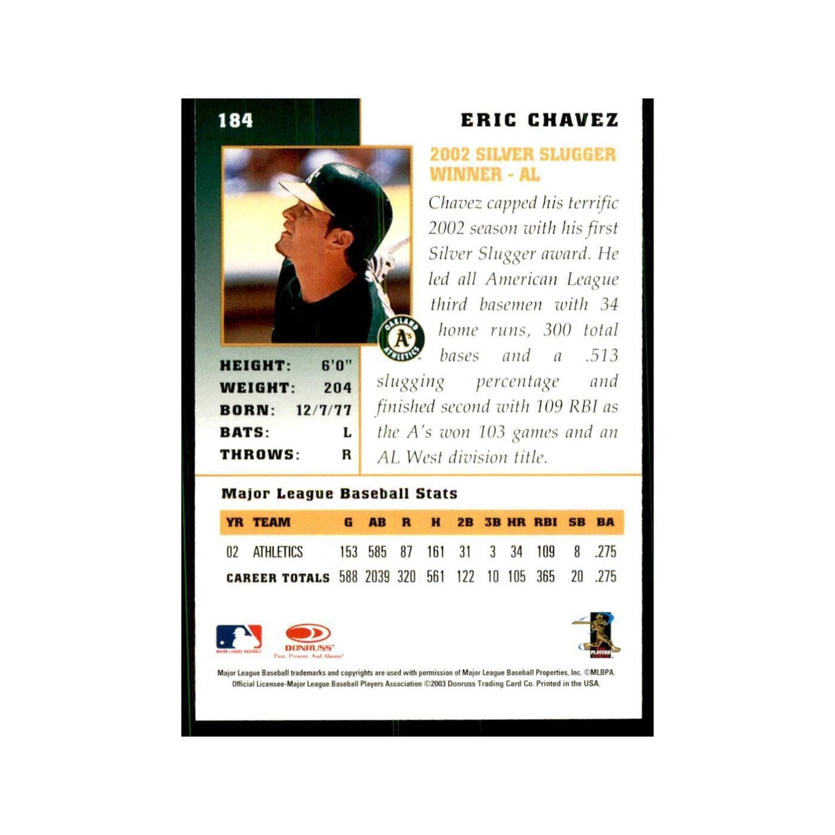 2003 Donruss Champions Eric Chavez Baseball Cards #184