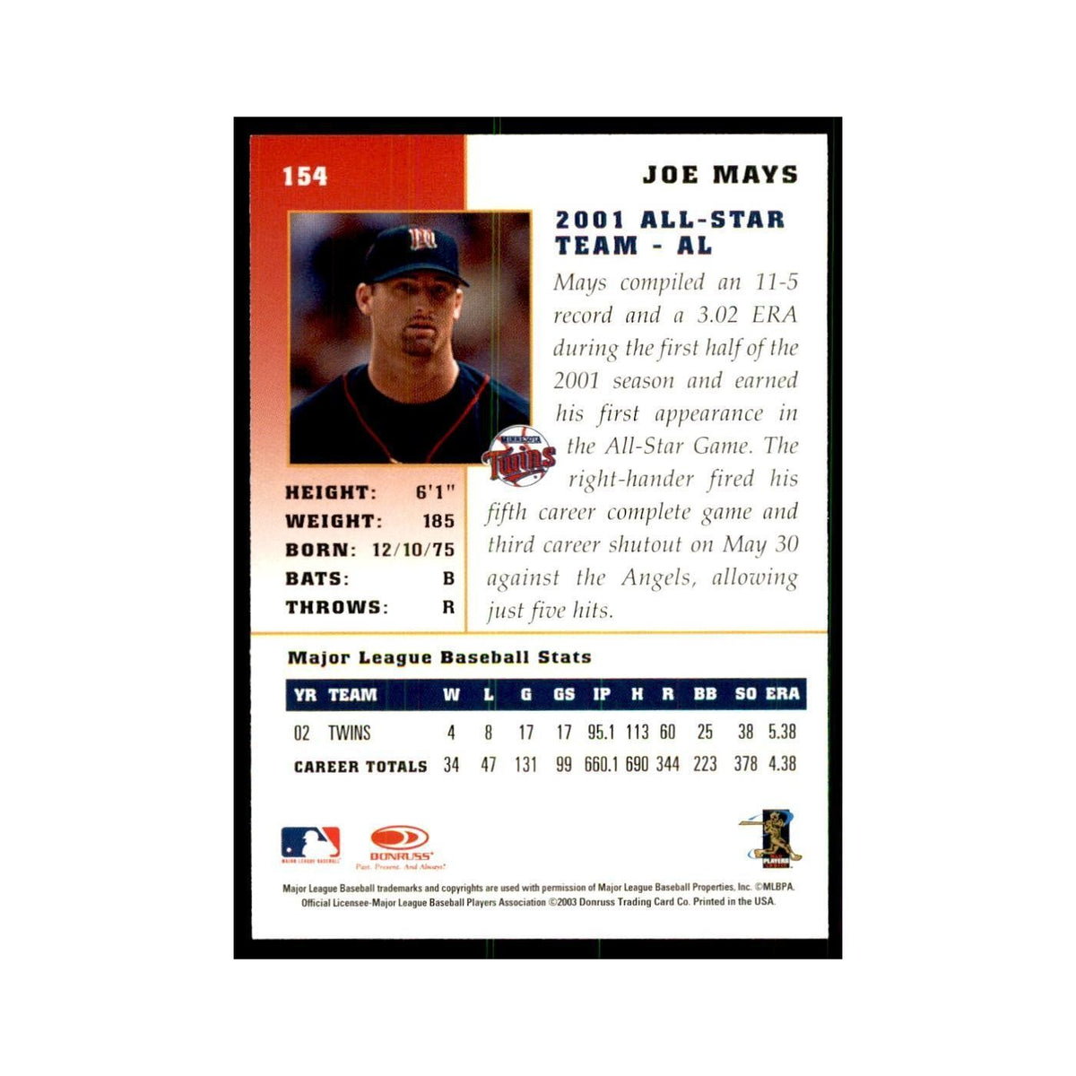 2003 Donruss Champions Joe Mays Baseball Cards #154