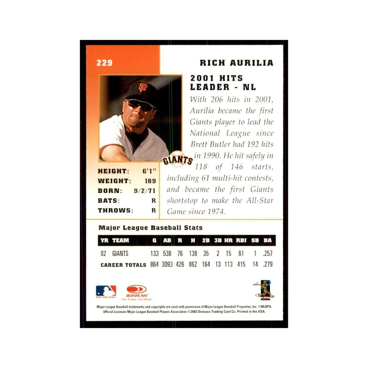 2003 Donruss Champions Rich Aurilia Baseball Cards #229