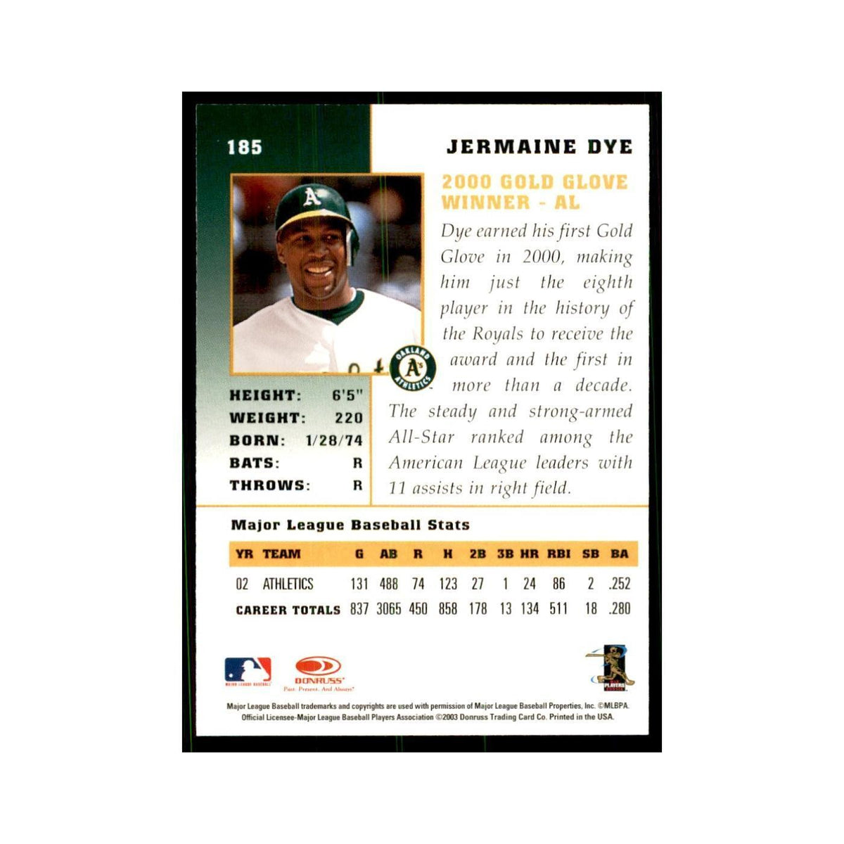 2003 Donruss Champions Jermaine Dye Baseball Cards #185