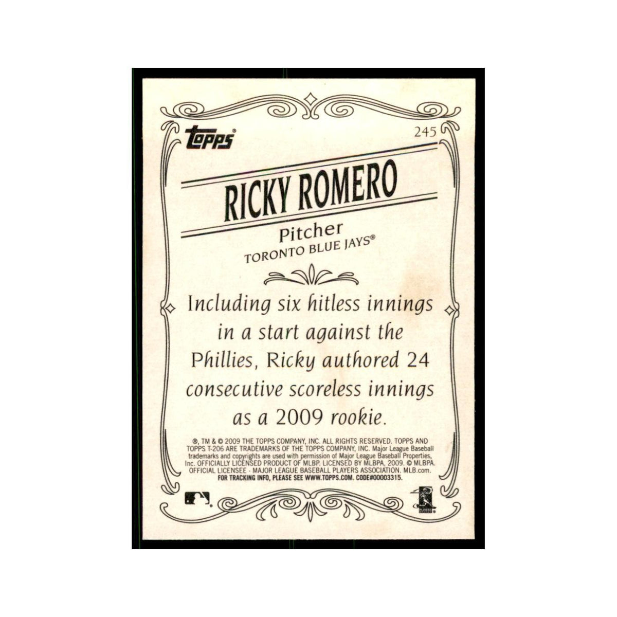 2009 Topps 206 Ricky Romero Baseball Cards #245