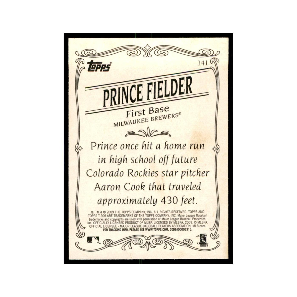 2009 Topps 206 Prince Fielder Baseball Cards #141