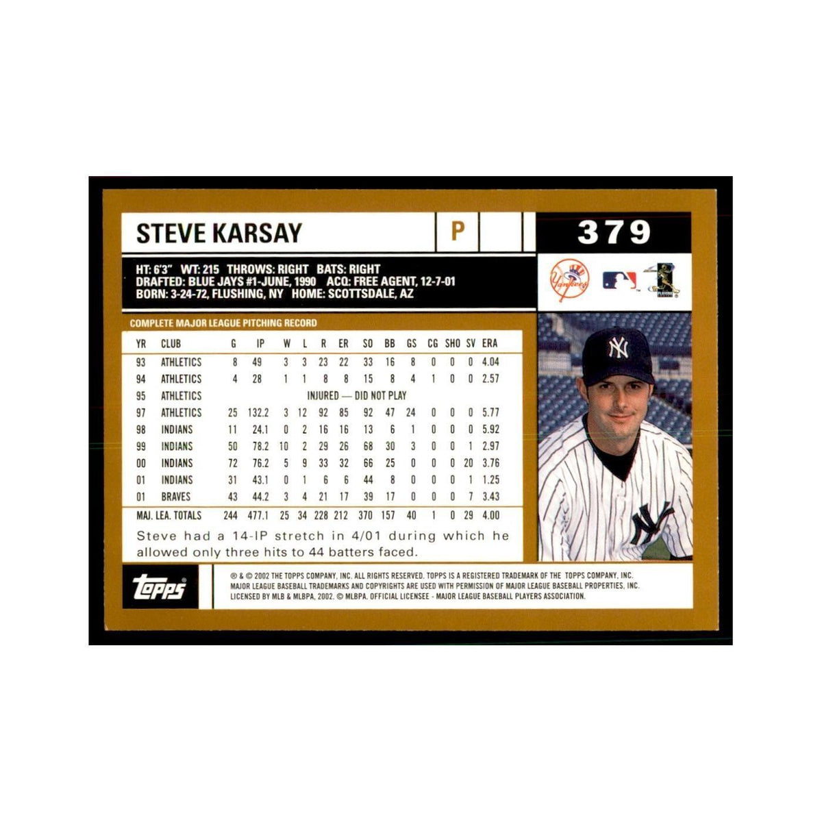 2002 Topps Home Team Advantage Steve Karsay Baseball Cards #379