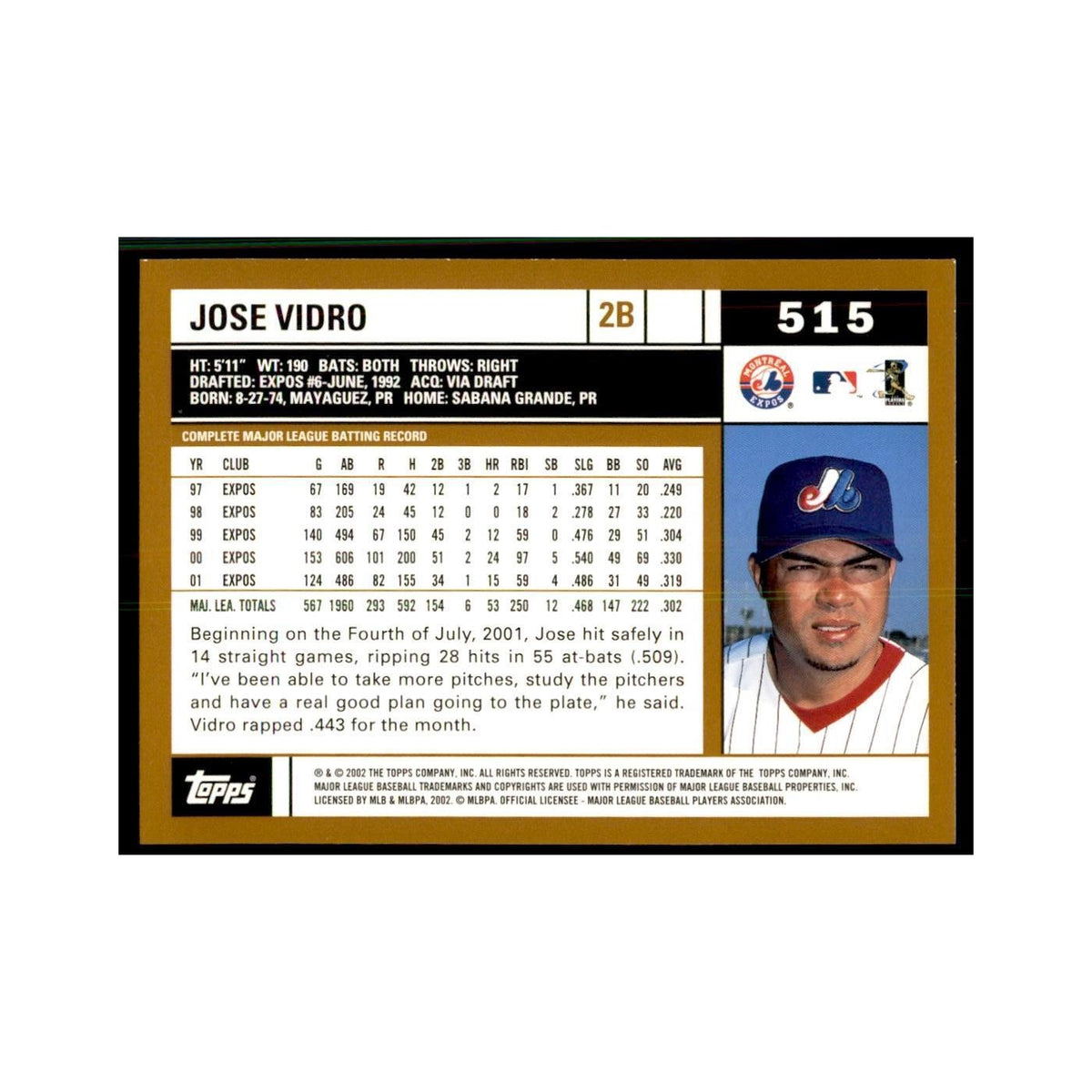 2002 Topps Home Team Advantage Jose Vidro Baseball Cards #515