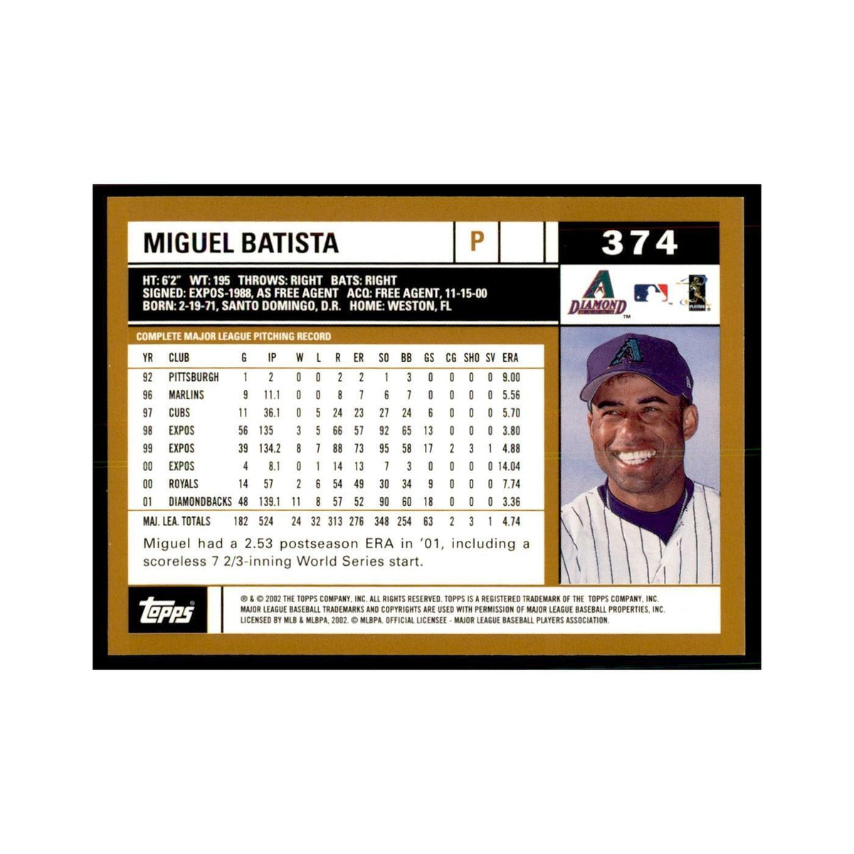 2002 Topps Home Team Advantage Miguel Batista Baseball Cards #374
