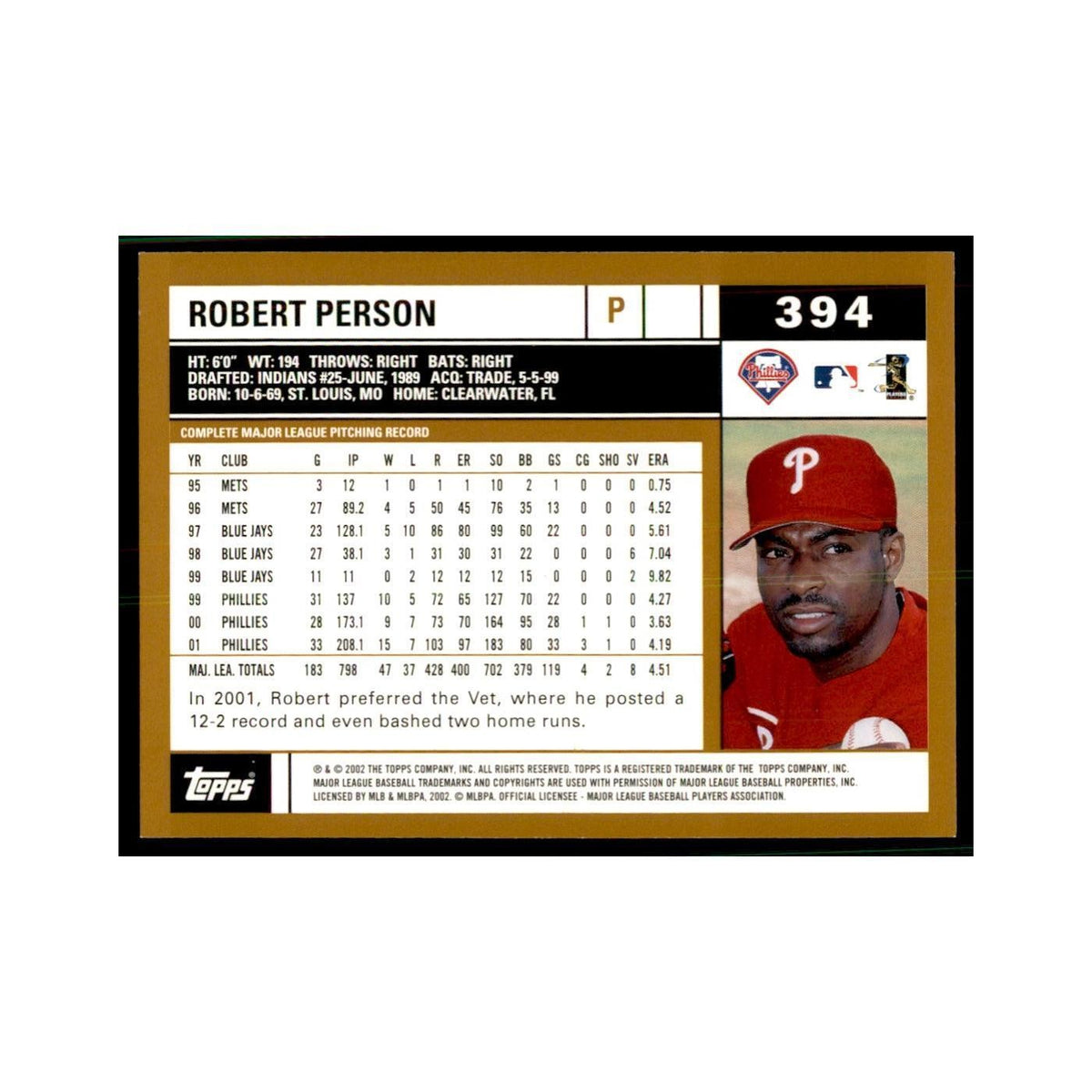2002 Topps Home Team Advantage Robert Person Baseball Cards #394