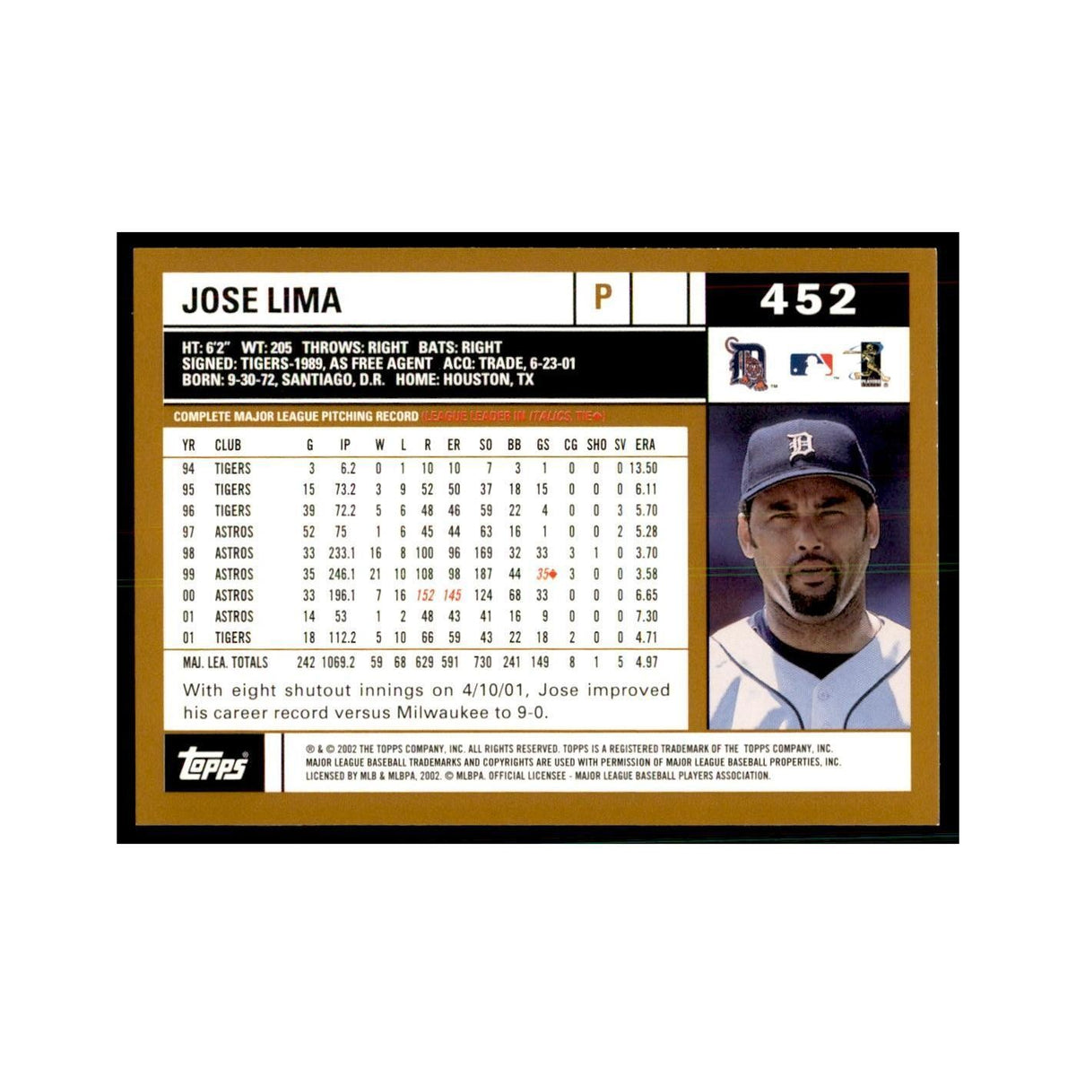 2002 Topps Home Team Advantage Jose Lima Baseball Cards #452