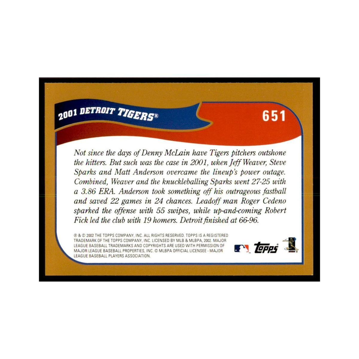 2002 Topps Home Team Advantage Detroit Tigers Baseball Cards #651