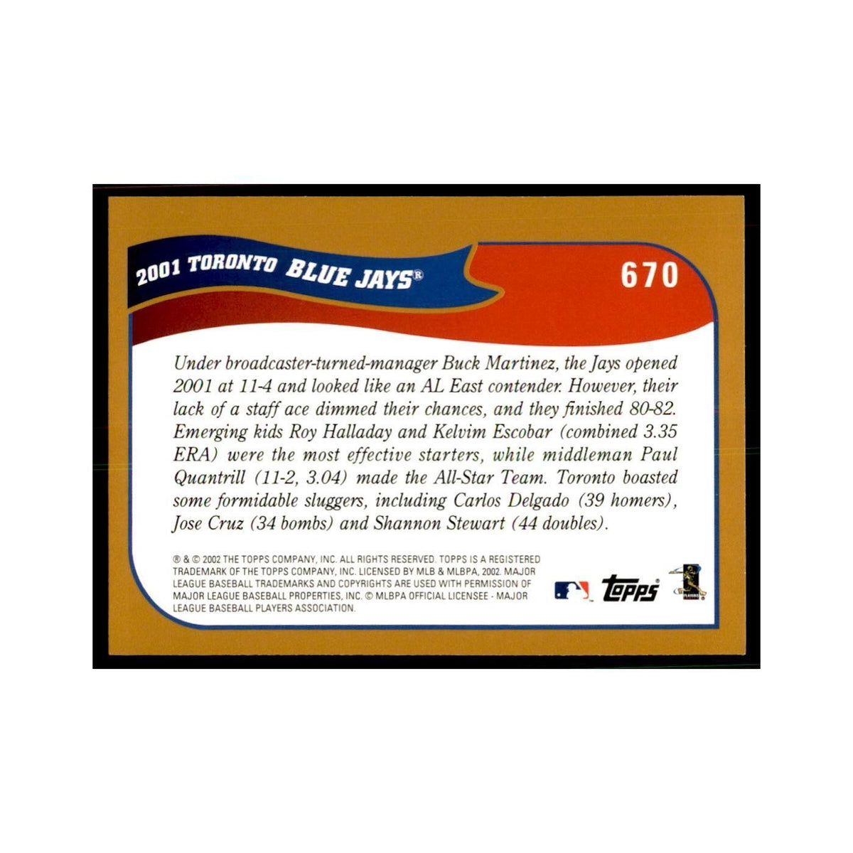 2002 Topps Home Team Advantage Toronto Blue Jays Baseball Cards #670