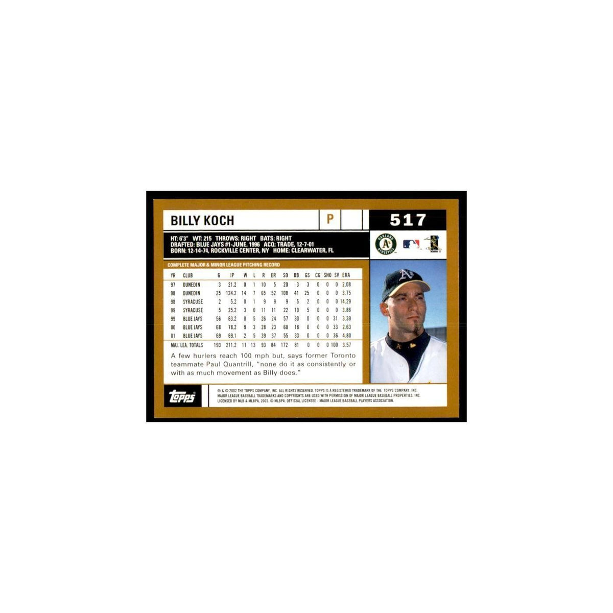 2002 Topps Home Team Advantage Billy Koch Baseball Cards #517