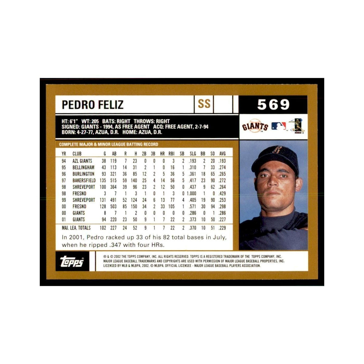 2002 Topps Home Team Advantage Pedro Feliz Baseball Cards #569