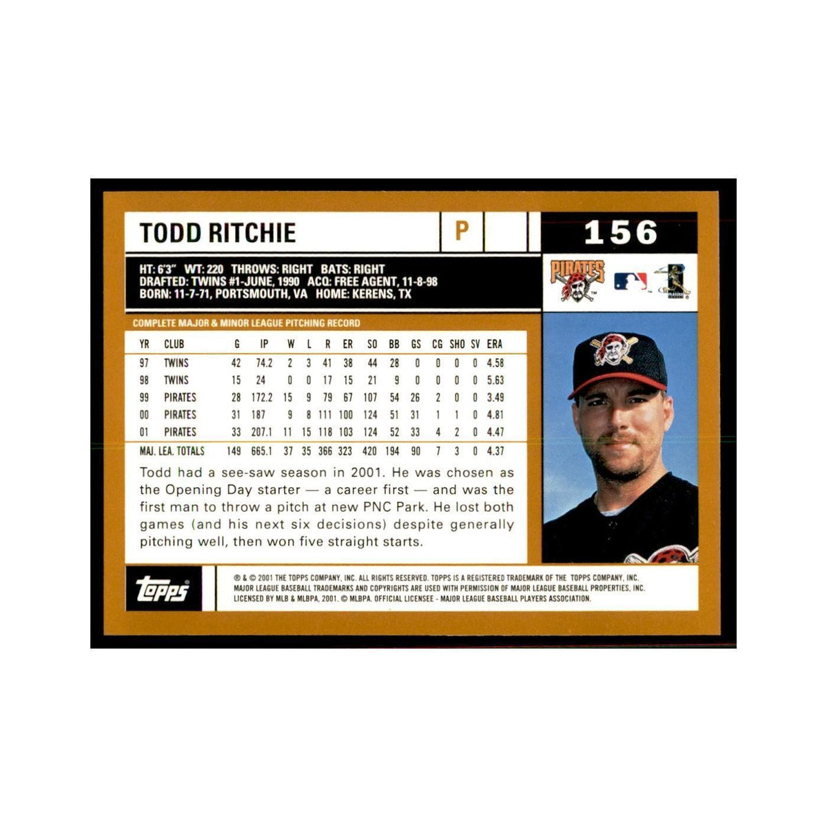 2002 Topps Home Team Advantage Todd Ritchie Baseball Cards #156