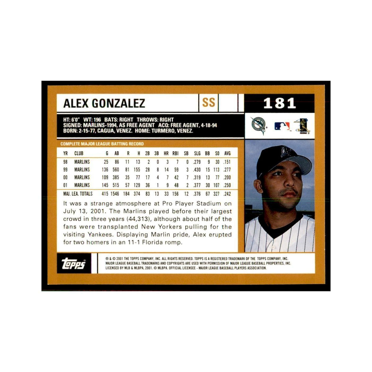 2002 Topps Home Team Advantage Alex Gonzalez Baseball Cards #181