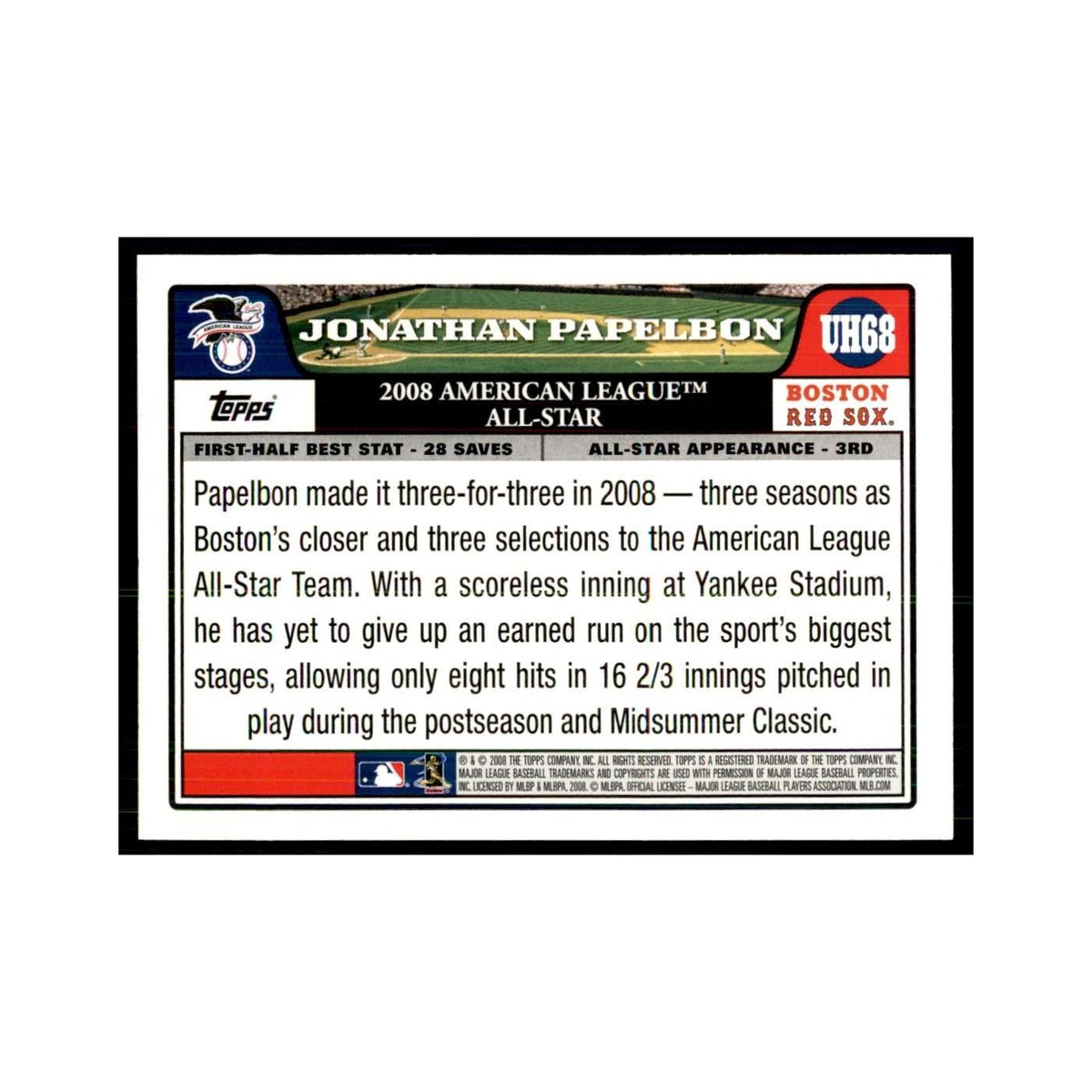 2008 Topps Jonathan Papelbon Baseball Cards #UH68