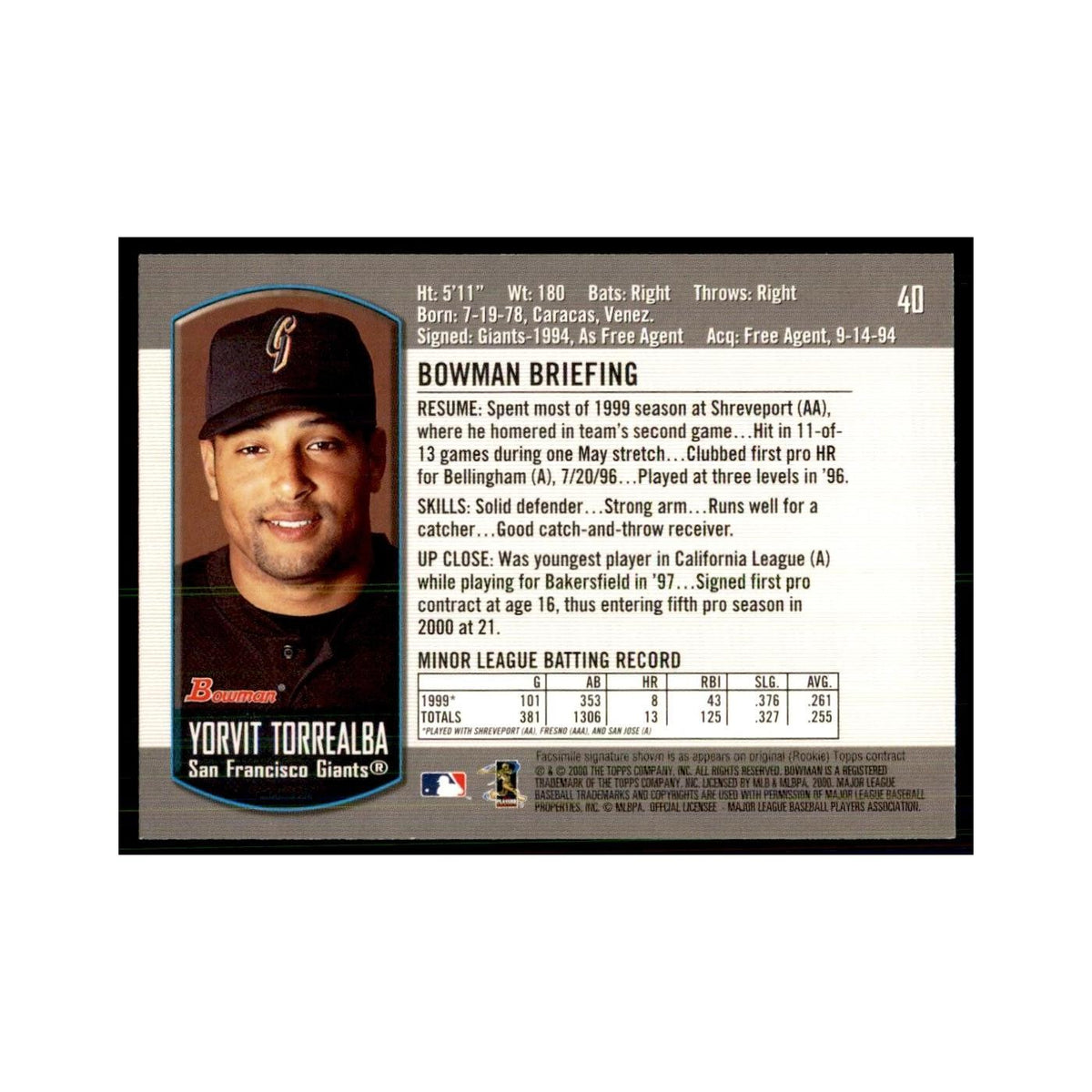 2000 Bowman Draft Picks & Rookies Yorvit Torrealba Baseball Cards #40