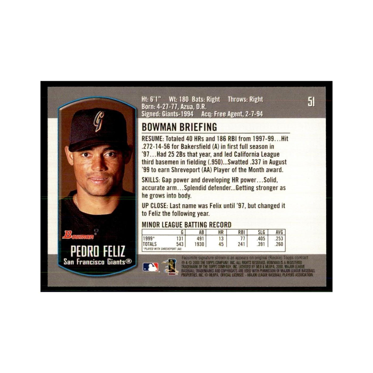 2000 Bowman Draft Picks & Rookies Pedro Felix Baseball Cards #51