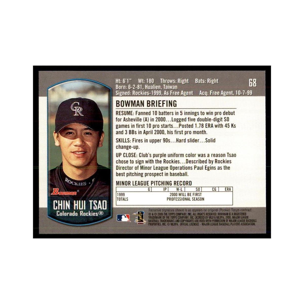 2000 Bowman Draft Picks & Rookies Chin Hui Tsao Baseball Cards #68