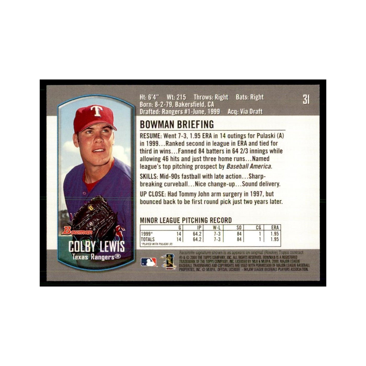 2000 Bowman Draft Picks & Rookies Colby Lewis Baseball Cards #31