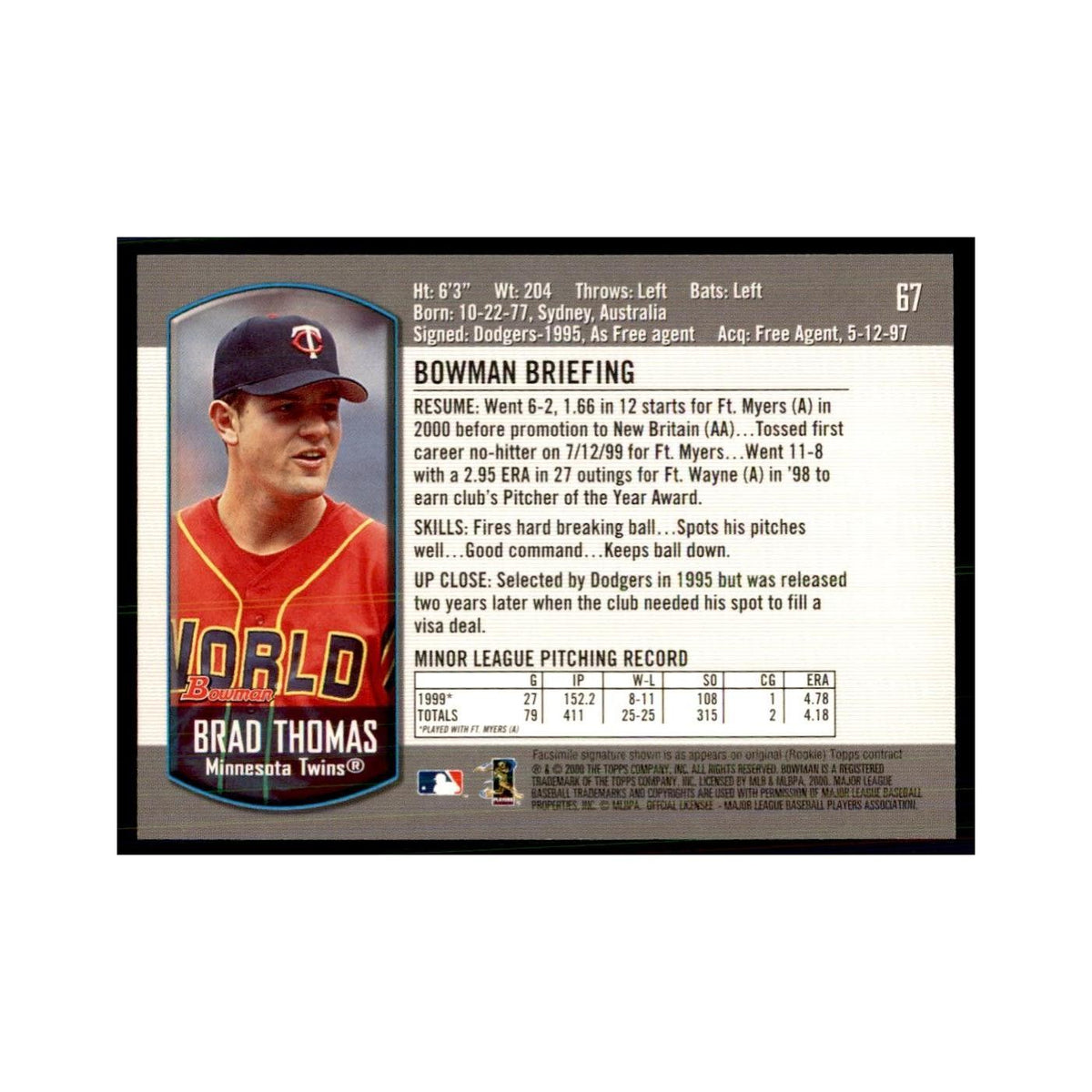 2000 Bowman Draft Picks & Rookies Brad Thomas Baseball Cards #67